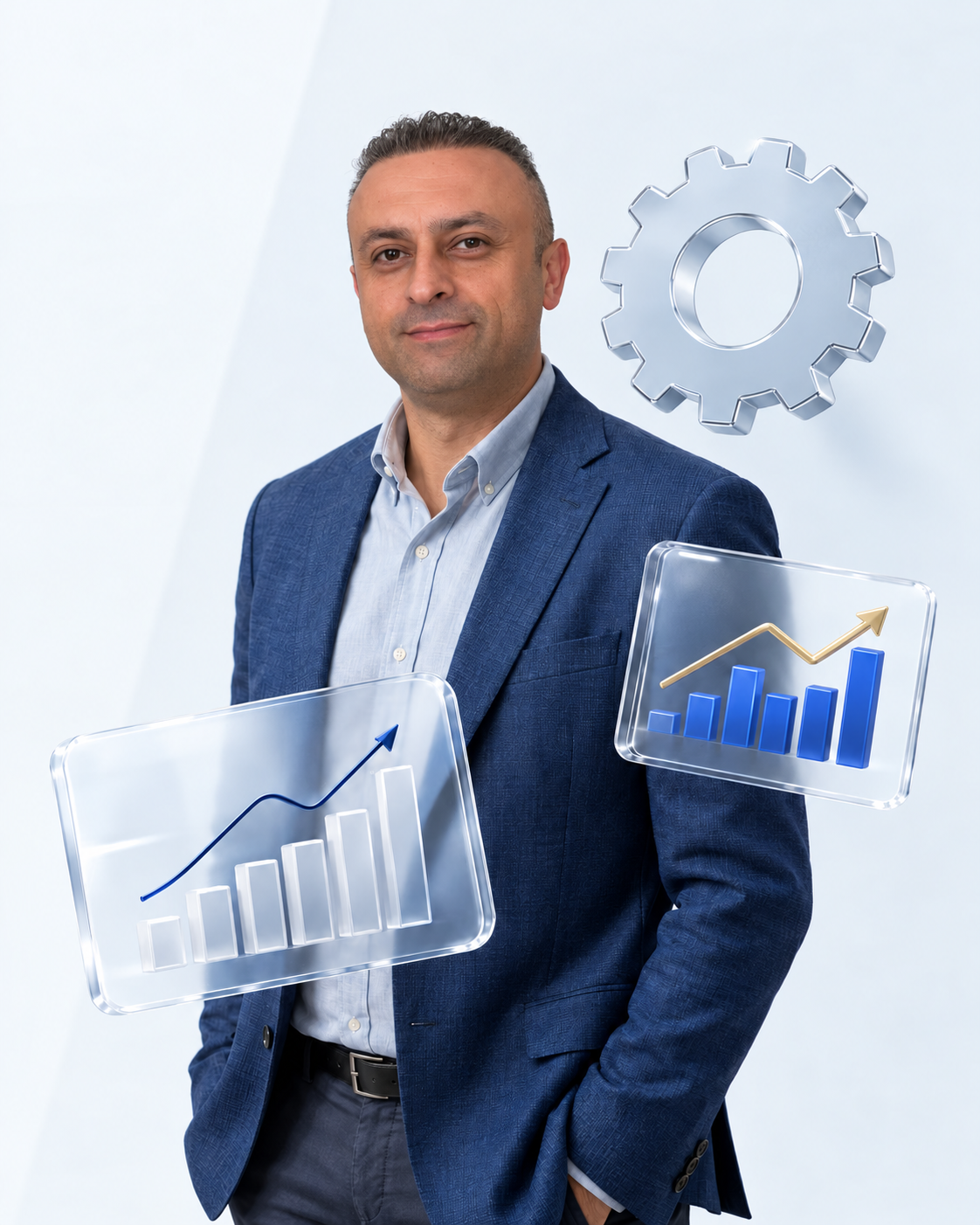 Cam grafik panelleri ve metal dişliyle tasarlanmış temsili danışman görseli
