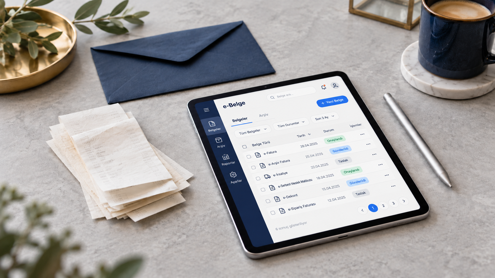 Elektronik belge arayüzü mockup’ı gösteren tablet