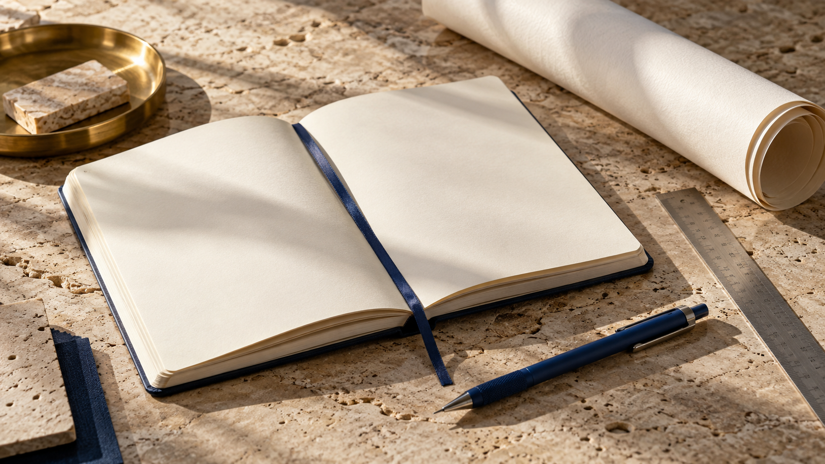 Açık defter, lacivert dosya ve kalemden oluşan temsili belge düzeni